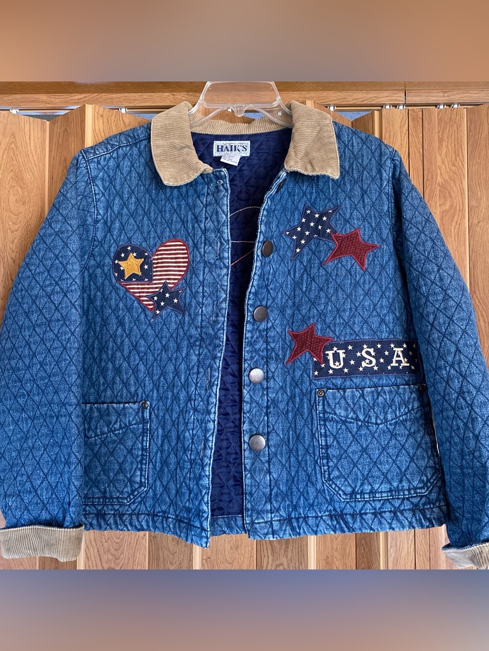 Vtg Barn Jacket Quilted Denim Stars USA Grannycore Corduroy Collar Haik’s Size L